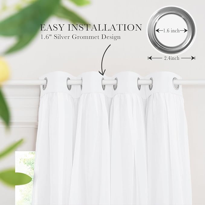 PONY DANCE Pure White Curtains with Sheer Overlay, Grommet Thermal Insulated Mix & Match Double Layer Window Curtains for Living Room, 2 Drape Panels Sewn with Tiebacks, 52W X 63L