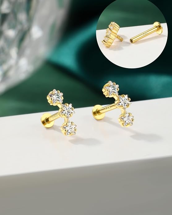 COCHARM 14K Real Gold Star Helix Cartilage Conch Earring Stud 16g Flat Back Solid Gold Helix Conch Piercing Jewelry 16g 6mm 8mm 14Kt Cartilage Stud Jewelry Internally Threaded