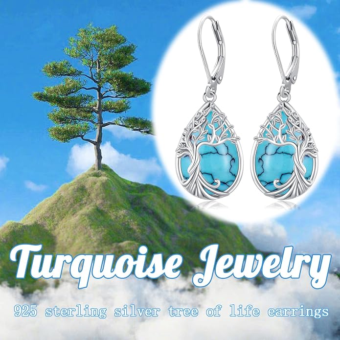 Odinstone 925 Sterling Silver Earrings Tree of Life Teardrop Moonstone Dangle Drop Leverback Earrings for Women