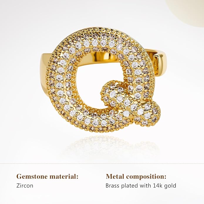 Cicy Bell Initial Rings for Women 14k Gold Plated Cubic Zirconia Delicate Letter Chunky Statement Open Rings Gifts for Her