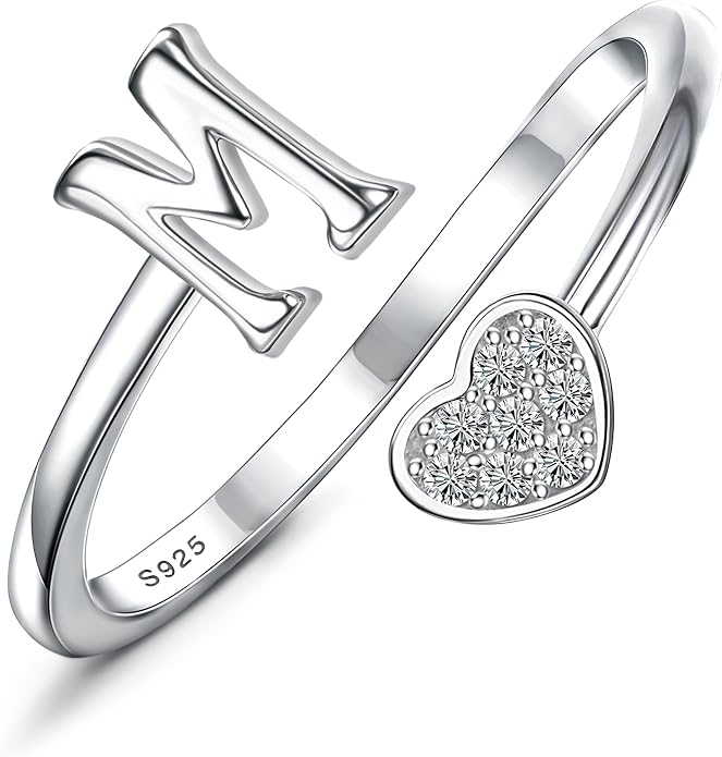 MILACOLATO 925 Sterling Silver Initial Rings for Women Teen Girl 18K Gold Plated Heart Initial Rings Adjustable Capital Letter Ring Stackable Thumb Pinky Rings for Daughter Birthday Bridesmaid Gifts Jewelry, A to Z