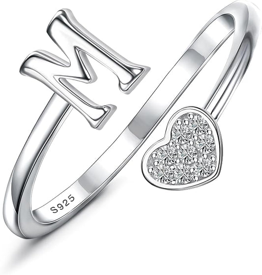 MILACOLATO 925 Sterling Silver Initial Rings for Women Teen Girl 18K Gold Plated Heart Initial Rings Adjustable Capital Letter Ring Stackable Thumb Pinky Rings for Daughter Birthday Bridesmaid Gifts Jewelry, A to Z