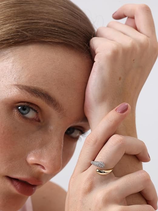 FRUMOS Non Tarnish Gold Wedding Band Rings For Women,14k Gold Stacking Rings,Open Statement Band Rings,Valentines Mother Christmas,size 6-9