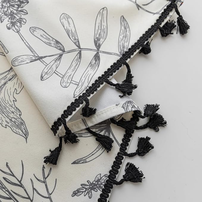 Black Floral Curtains 54 Inches Long, Boho Farmhouse Light Filtering Rod Pocket Drapes with Tassel Trim for Bedroom Living Room, 2 Panels