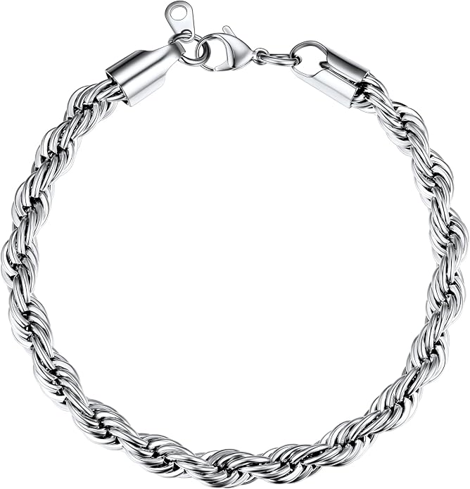 U7 Link Bracelets for Men, Cuban Link/Rope/Watch Band Solid Bracelet, Silver Black Gold Color Wrist Bracelet 3/6/9/12/15mm Width, 6.5/7.5/8.3 Inch Length, Hand Chain Jewelry for Mens Women