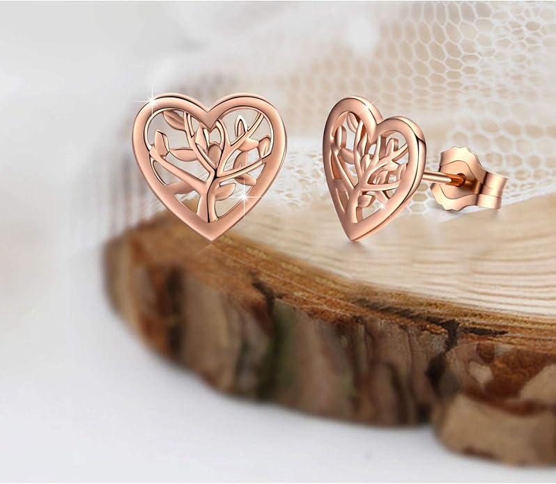 Tree of Life Earrings, 925 Sterling Silver Heart Shaped Studs for Women, Hypoallergenic Earrings for Sensitive Ears Gifts for Women with Gift Box…