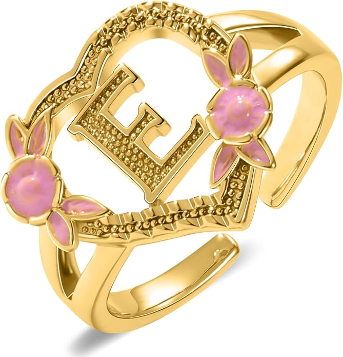 Gold Initial Rings for Women - Non Tarnish Dainty 14K Gold Plated Heart Adjustable Letter Rings for Women, Stackable Cute Thumb Pinky Fashion Open Simple Birthday Gifts Jewelry