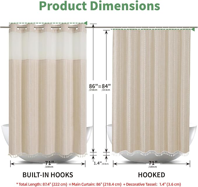 eachope No Hook Extra Long Shower Curtain Set with Snap-in Liner,Linen Textured Thick Striped Fabric with Tassels,Boho Chic Modern Farmhouse Bathroom Curtain,Water-Repellent,Cream/Beige,71x86