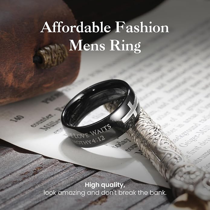 King Will Stainless Steel Men Ring Lord's Prayer Cross Ring Stainless Steel Men Wedding Ring, Wedding Band Bible Engraved Rings High Polished, Comfort Fit