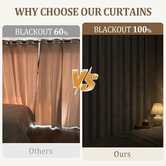 Boho Floral 100% Blackout Curtains for Bedroom 84 Inch Length 2 Panels Set, Linen Texture Farmhouse Curtains Beige Tassel for Living Room Vintage Rustic Patterned Printed Western Rod Pocket