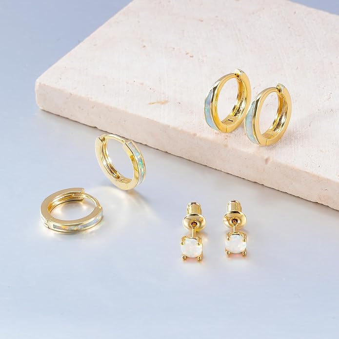 CiNily Opal Earrings Set for Women Hypoallergenic, Opal Stud Huggie Hoop Earrings Silver/Rose Gold Plated Dainty Hoop Huggie Silver Dangle Earring Stacks, Gold Jewelry