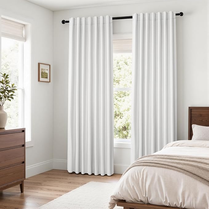 Topfinel Snow White Linen Blackout 105 Inch Curtains for Living Room 2 Panels Set Back Tab Drapes Farmhouse Thermal Insulated 100% Total Black Out Curtains High Ceiling to Floor 52x105