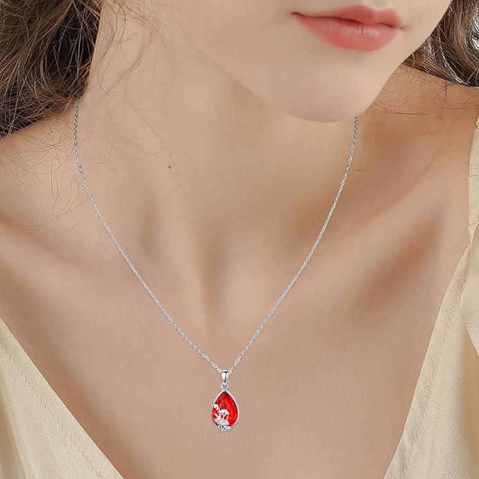 925 Sterling Silver Birth Flower Necklace with Teardrop Shaped Birthstone - 12 Colors, 12 Kinds of Flower - Ideal Birthday Jewelry Gift for Women, Mothers, Daughters & Wives