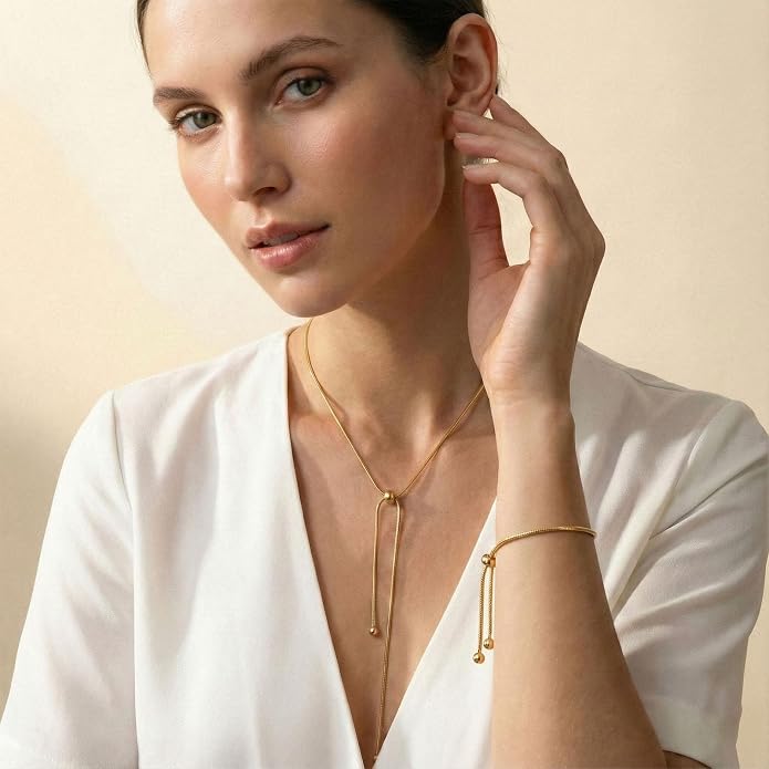 18k Gold Long Necklace for Women Dainty Snake Chain Bolo Adjustable Minimalist Round Bead Jewelry Trendy Simple Aesthetic Gifts for Her