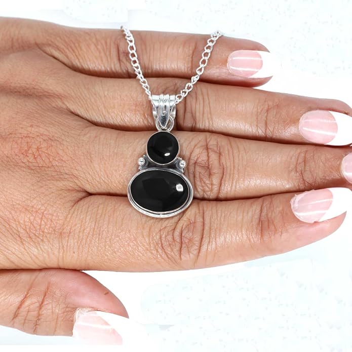 Handmade Genuine 925 Sterling Silver Pendant Necklace Natural Gemstone Crystal, Lapis, Onyx, Amber Oval Round Boho Jewelry For Women