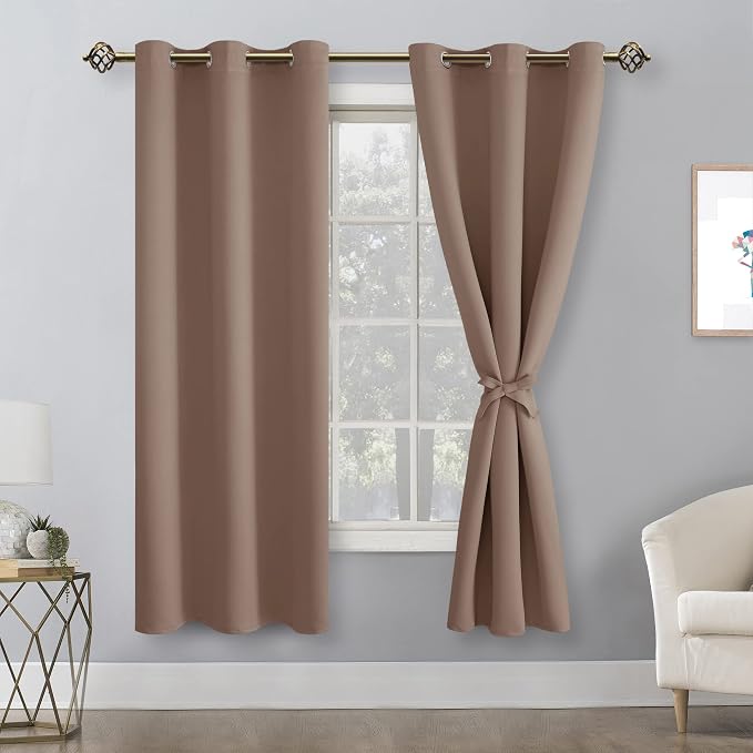 Hiasan Blackout Curtains for Bedroom, 38 x 63 Inches Length - Thermal Insulated & Light Blocking Window Curtains for Living Room, 2 Drape Panels Sewn with Tiebacks, Cappuccino