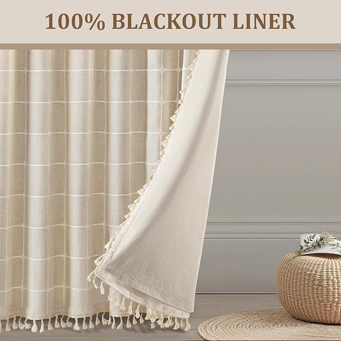 Boho Blackout White Plaid Curtains 72 Inch Beige Linen Blend Drapes with Tassels 2 Panels, Cotton Embroidered Farmhouse Curtains for Living Room Bedroom Rustic Vintage Decor