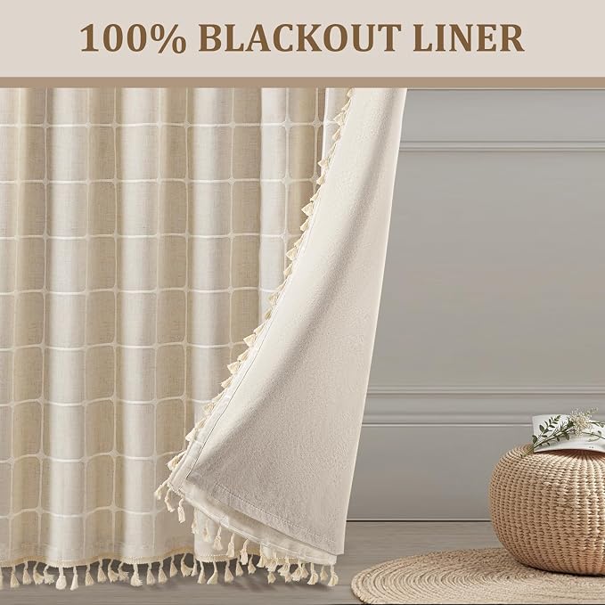 Boho Blackout White Plaid Curtains 90 Inch Beige Linen Blend Drapes with Tassels 2 Panels, Cotton Embroidered Farmhouse Curtains for Living Room Bedroom Rustic Vintage Decor