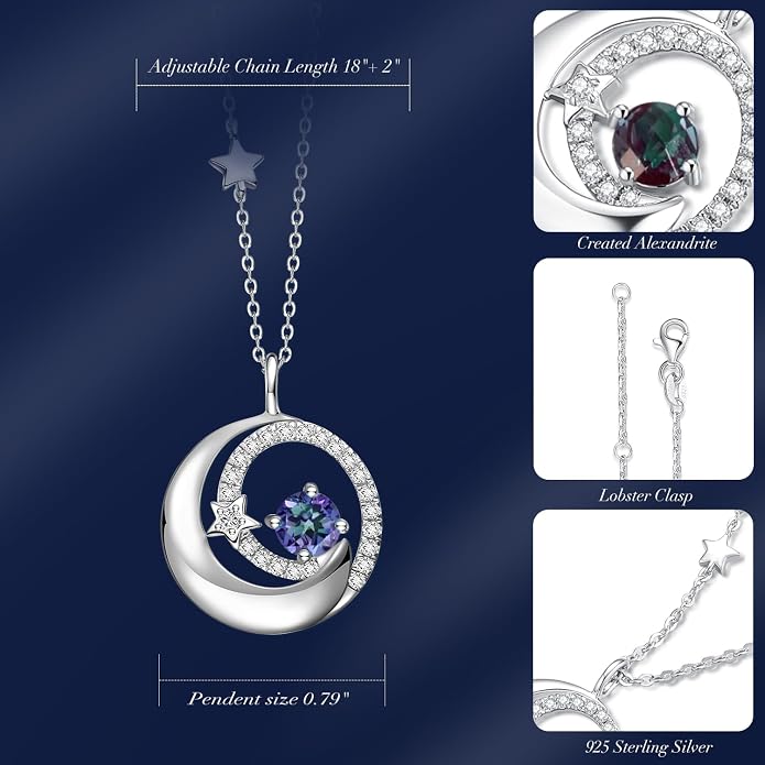FANCIME Birthstone Necklaces 925 Sterling Silver Moon and Star Pendant Fine Jewelry Birthday Mothers Day Gifts for Mom Wife Her Daughter, Adjustable Chain 16+2"