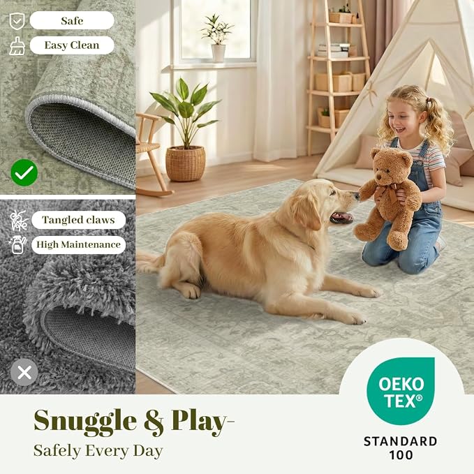 Homemate Washable Rug 3x5 Area Rugs - Vintage Faux Wool Rugs for Living Room Bedroom Dining Room - Non Slip Foldable Carpet Indoor Area Rug for Home Decor（3'x5', Green