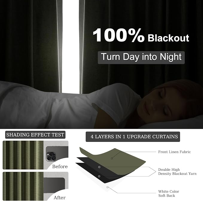 Long Blackout Curtains 108 Inch Long 2 Panels,Noise Reducing Spring Blackout Winodw Curtains for Living Room Back Tab Pleated Look Drapes for Track System with Hooks 52x108-Loden/Olive Green