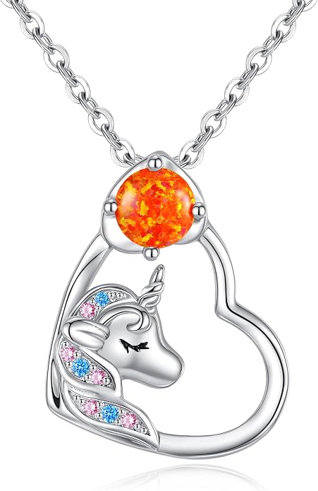 CDE Christmas Gift for women Cute Unicorn Birthstone Necklace for Girls Daughter 925 Sterling Silver Opal Heart Pendant Graduation Birthday Christmas Jewelry Gift for Teenage Girls Niece