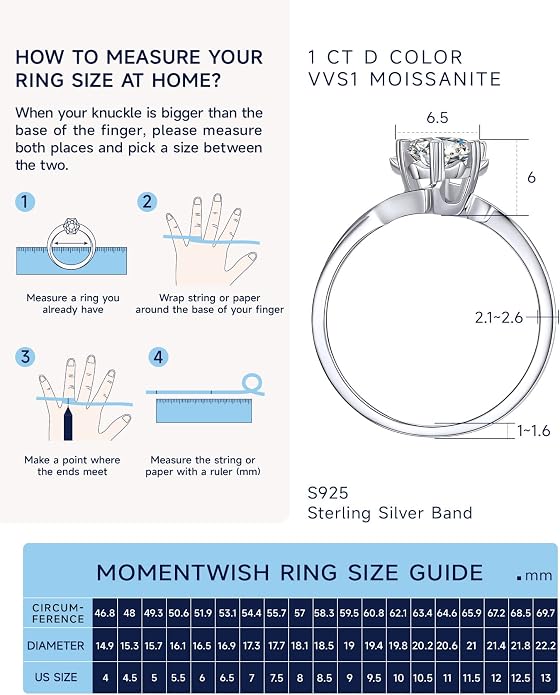 MomentWish Engagement Ring for Women, 1-2 Carats Moissanite Rromise Ring, D Color VVS1 Moissanite Wedding Ring 925 Sterling Silver Solitaire Rings