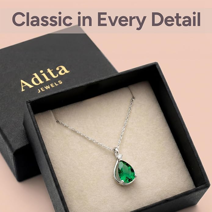 ADITA GOLD Birthstone Necklace for Women, 925 Sterling Silver Teardrop Pendant, Simulated Gemstone, Birthstone Jewelry