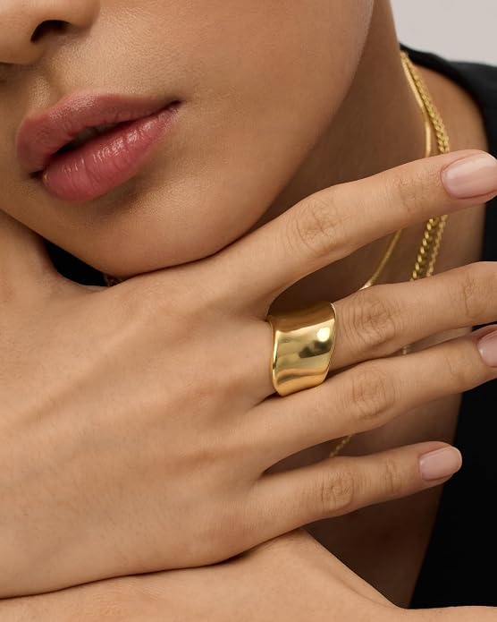 PAVOI 14K Gold Plated Chunky Statement Ring for Women | Stainless Steel Hypoallergenic Wide Stackable Rings