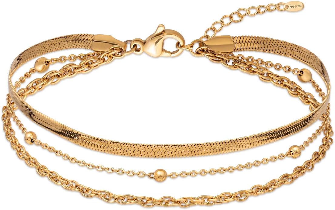 Amberta Silver Gold Waterproof Ankle Bracelets for Women | Boho Layered Anklets for Women | Summer Jewelry, Adjustable Ankle Chain Beaded Rope Heart