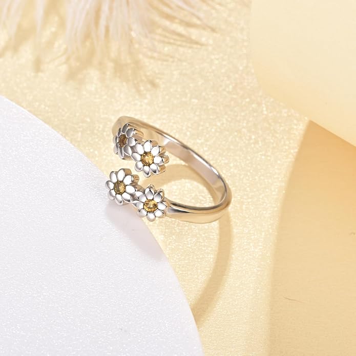 Jinlou 925 Sterling Silver Dainty Daisy Rings Flower Finger Rings For Women Love Promise Band Sunflower Adjustable Thumb Rings For Women