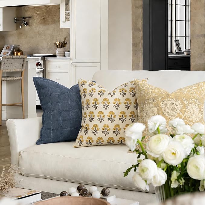 Farmhouse Floral Pillow Covers 18x18 Set of 2, Country Botanical Throw Pillow Cover for Sofa Couch Bed Living Room, Earthic Vintage Flower Cushion Covers Cottage Home Decor,Golden Mustard