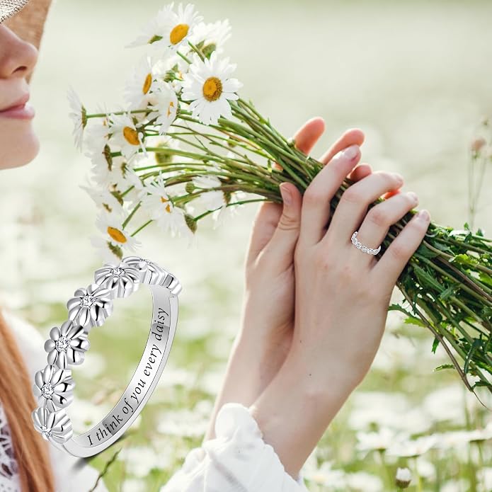Dainty Daisy Ring for Women, S925 Sterling Silver Cubic Zirconia Sunflower Flower Ring For Daughter, I Think Of You Every Daisy Ring, Birthstone Flower Ring