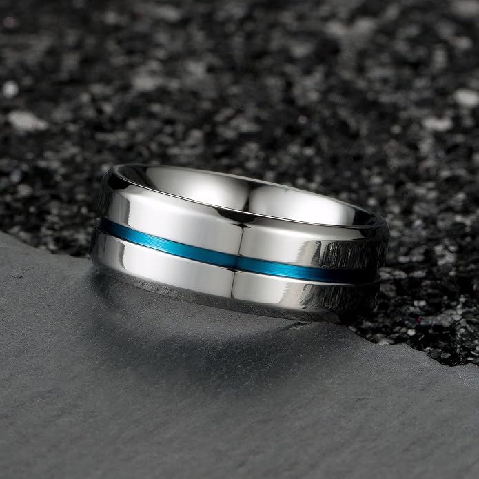 MMTTAO Men's Titanium Ring Wedding Bands for Men Women 6MM 8MM 10MM Black/Blue/Silver Engagement Band Wedding Rings Beveled Edge Brushed Matte Finished & Polished Grooved Center Comfort Fit Size 6-13