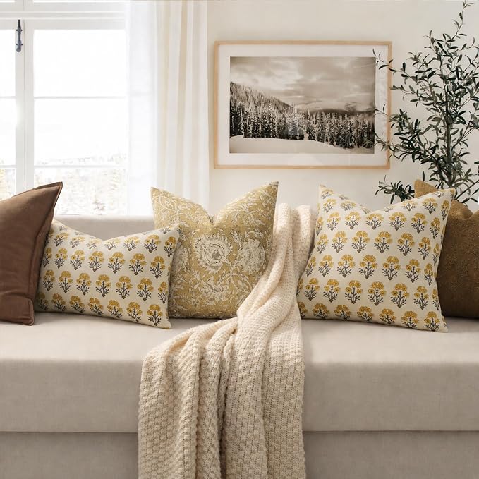 Farmhouse Floral Pillow Covers 20x20 Set of 2, Country Botanical Throw Pillow Cover for Sofa Couch Bed Living Room, Earthic Vintage Flower Cushion Covers Cottage Home Decor,Golden Mustard