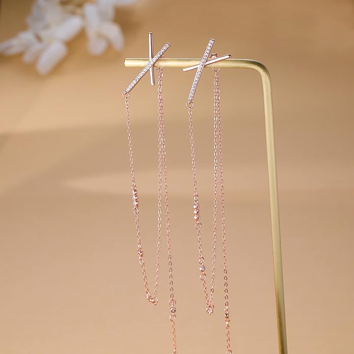 SLUYNZ 925 Sterling Silver CZ Long Dangle Earrings Chain for Women X Long Earrings Tassel 5.9inch