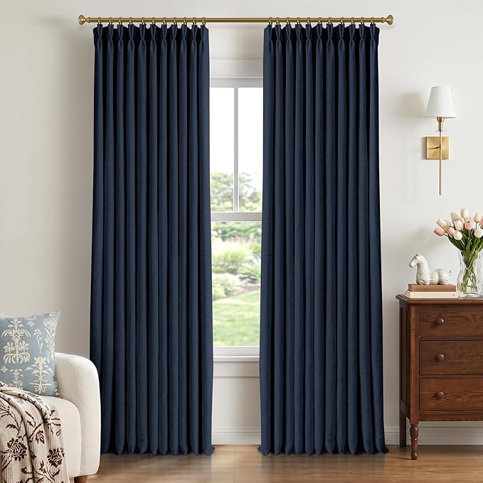 CAPALOCA Navy Blue Linen Pinch Pleated Curtains Blackout, 100% Black Out Curtains 102 inch Long for Bedroom, Blackout Thermal Insulated Pinch Pleated Drapes for Living Room, 40" W x 102" L, 2 Panels
