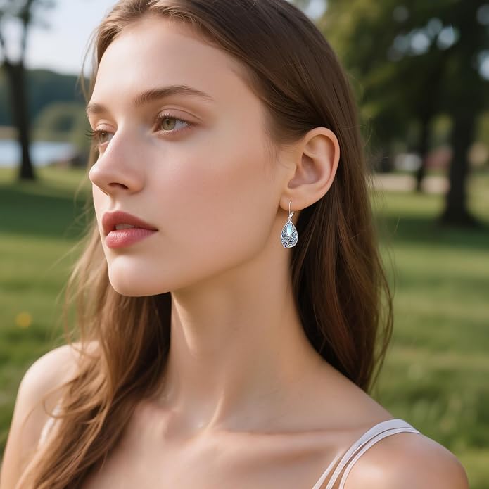 MONGAS Dragonfly Filigree Earrings Sterling Silver Moonstone Teardrop Abalone Drop Dangle Earrings Filigree Leverback Dragonfly Jewelry Gifts for Women