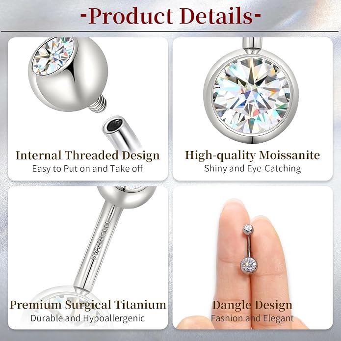 limerencia Moissanite Belly Button Ring, G23 Titanium Hypoallergenic Internally Threaded Navel Jewelry, Curved Dangle Belly Ring Piercing Jewelry for Women, Men