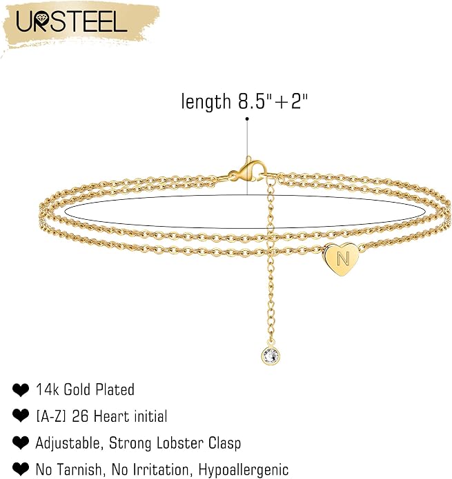 Ursteel Ankle Bracelets for Women, 14K Gold Plated Dainty Layered Heart Initial Anklets for Women Gifts