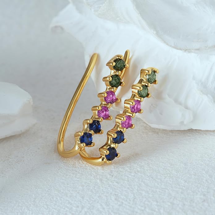 Dainty Colorful Cubic Zirconia Ear Climbers Earrings for Women 925 Sterling Silver 14K Gold Plated Rainbow Gemstone Crawler Earrings Stud Earring Hypoallergenic Ear Clips Wedding Graduation Jewelry Gifts