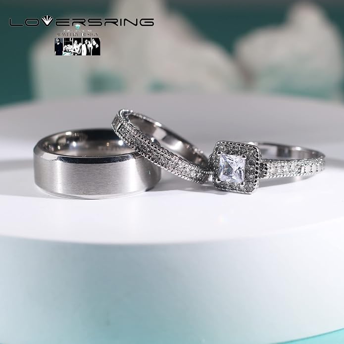 Couple Ring Bridal Set His Hers Women 10k White Gold Filled AAA Cz Men Stainless Steel Wedding Ring Band Set