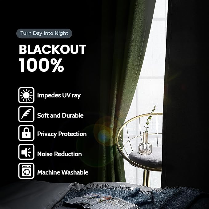 SimpleHome Greyish Green 100% Blackout Curtains Room Darken Living Room 63L | Curtains for Bedroom,Thermal Insulated Grommet Window Drapes,Curtains for Living Room with Black Back,52 x 63 Inch,2 Panels