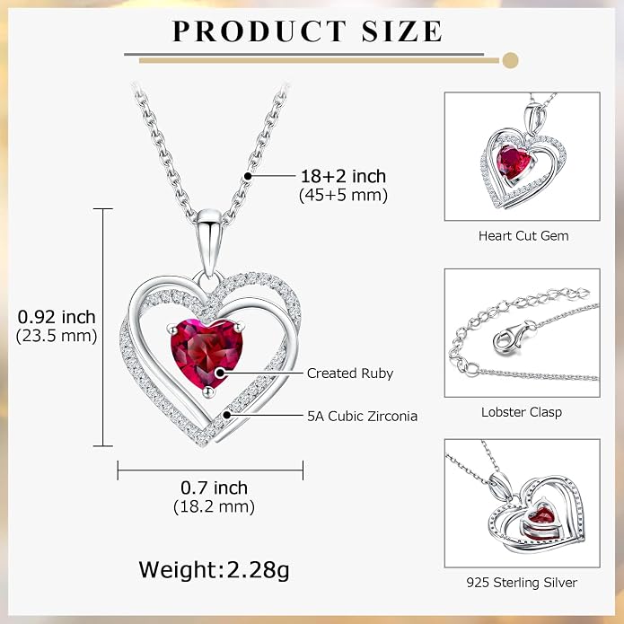 Anniversary Charm Necklace, Sterling Silver 14K Gold Plated Chain with Interlocking Heart Pendant Elegant Birthstone Necklaces for Women, Length 18"