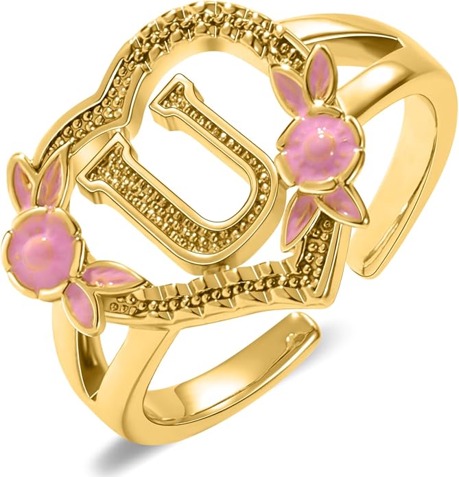 Gold Initial Rings for Women - Non Tarnish Dainty 14K Gold Plated Heart Adjustable Letter Rings for Women, Stackable Cute Thumb Pinky Fashion Open Simple Birthday Gifts Jewelry