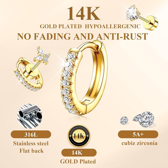 Hypoallergenic 14K Gold Stud Earrings Set for Women Surgical Stainless Steel Flat back Earrings Small Gold Huggie Hoop Earring for Sensitive Ears Screw Back Cartilage Piercing Jewelry