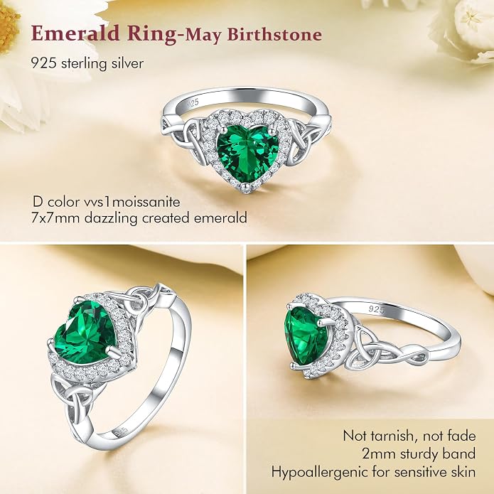 DAYBYDAY Celtic Birthstone Rings for Women 925 Sterling Silver Heart/Round/Pear/Oval Created Gemstone Moissanite Halo Engagement Promise Rings for Her Wife Birthday Anniversary Wedding Jewelry