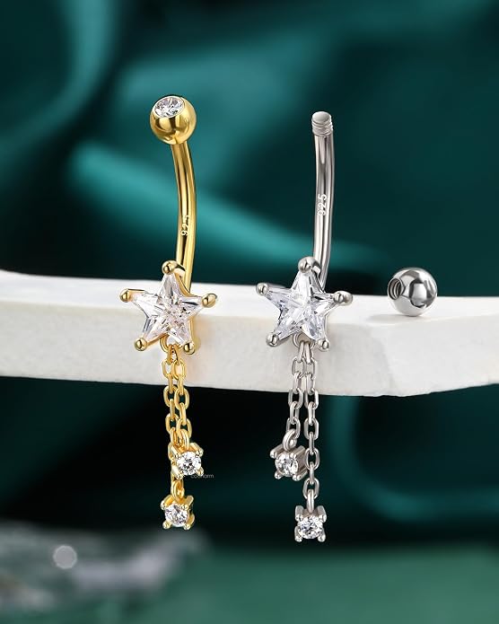 Cocharm 14K Gold Plated Belly Button Rings - 14G 925 Sterling Silver Navel Rings for Women - Dangle Belly Piercing Jewelry