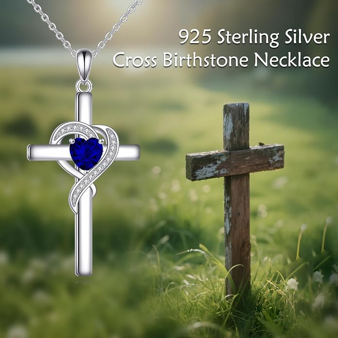 Cross Necklace for Women 925 Sterling Silver Infinity Love Heart Birthstone Pendant Necklace Cross Birthday Jewelry Gifts for Her