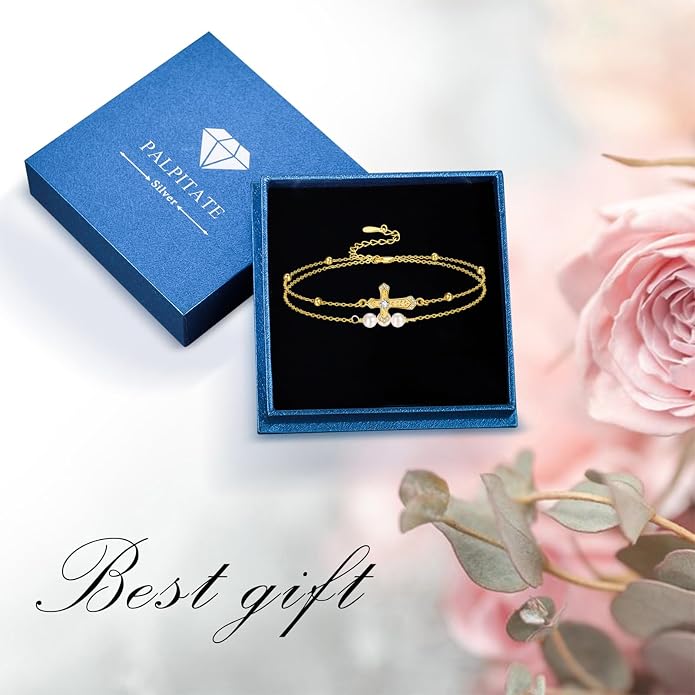 Palpitate Cross Anklet for Women Pearl Cross Ankle Bracelets 14K Gold Plated Adjustable Layered Foot Bead Chain for Women Beach Jewelry Christmas Gifts